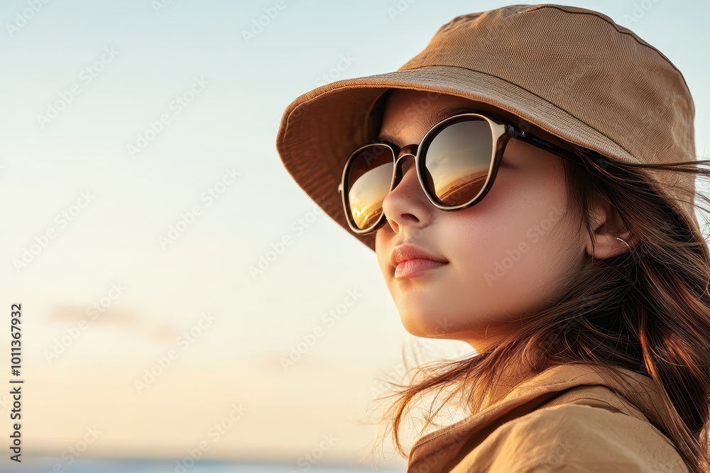 Woman in hat and sunglasses enjoying the sunset at the beach Woman in hat and sunglasses enjoying the sunset at the beach