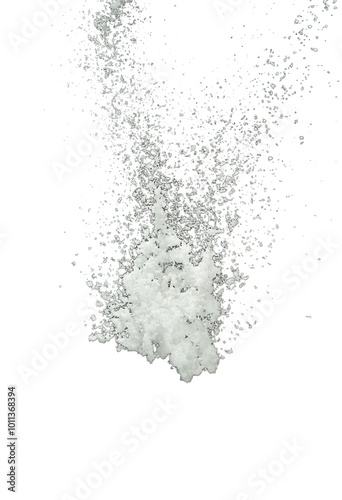 Snow dust element falling over dark night. Fluffy White snow splash flying or throwing in mid air. Snowfall on Black background isolated