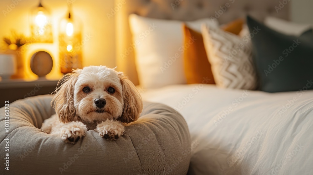 A peaceful bedroom setting with a small dog nestled in a stylish pet bed, complemented by soft lighting and decorative pillows, emphasizing the importance of a restful space for pets. A peaceful bedroom setting with a small dog nestled in a stylish pet bed, complemented by soft lighting and decorative pillows, emphasizing the importance of a restful space for pets.