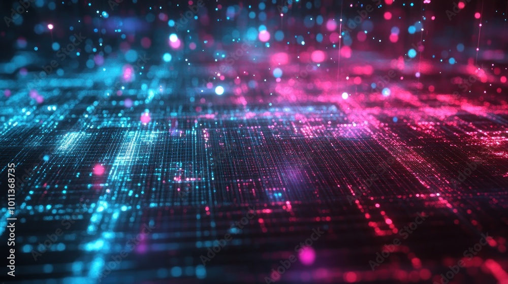 Fototapeta premium Abstract Digital Grid with Glowing Blue and Pink Lights
