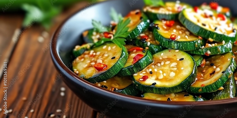 A vibrant bowl of seasoned cucumber slices garnished with sesame seeds. A vibrant bowl of seasoned cucumber slices garnished with sesame seeds.