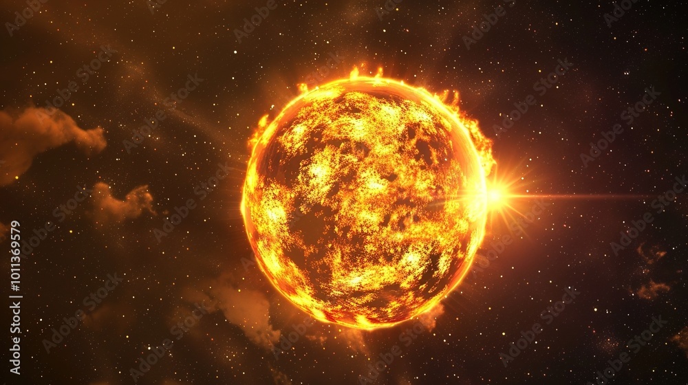 Stunning depiction of a fiery sun with vibrant solar flares against a dark background, showcasing the power of our star. Stunning depiction of a fiery sun with vibrant solar flares against a dark background, showcasing the power of our star.
