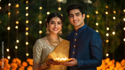 Portrait of a young Indian woman in a gold saree and a young Indian man in a blue sherwani, holding a diya thali together, Diwali backdrop with strings of marigold flowers and fairy lights, Indian