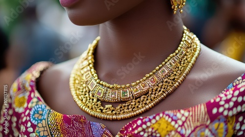 A woman in traditional attire wearing a stunning gold necklace as part of her cultural ensemble, emphasizing the importance of jewelry in heritage and celebrations