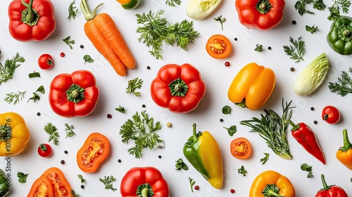 A vibrant collection of fresh vegetables, including bell peppers, carrots, and tomatoes, arranged on a clean white background, perfect for health and nutrition themes.