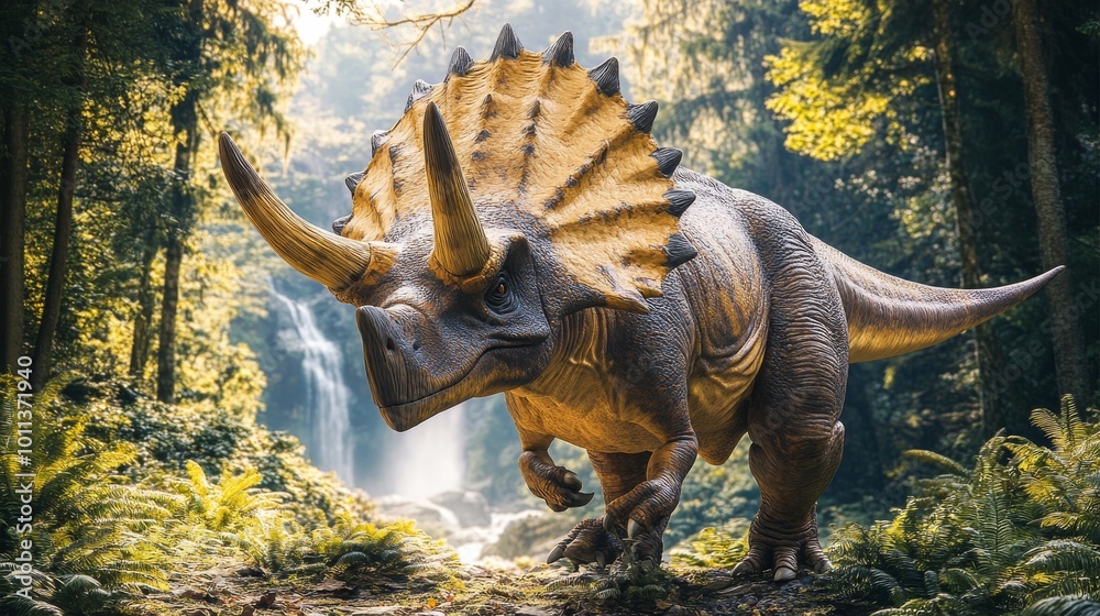Fototapeta premium A Majestic Triceratops Roaming the Lush Forest Near a Waterfall During the Early Morning Light