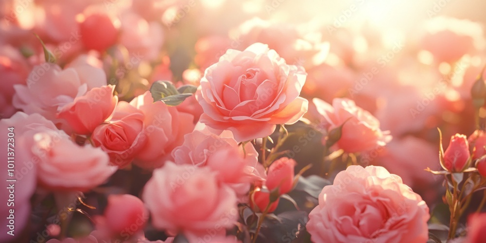 A beautiful display of blooming pink roses fills the scene. The soft, warm light creates a romantic atmosphere. Ideal for floral designs and nature illustrations. AI A beautiful display of blooming pink roses fills the scene. The soft, warm light creates a romantic atmosphere. Ideal for floral designs and nature illustrations. AI