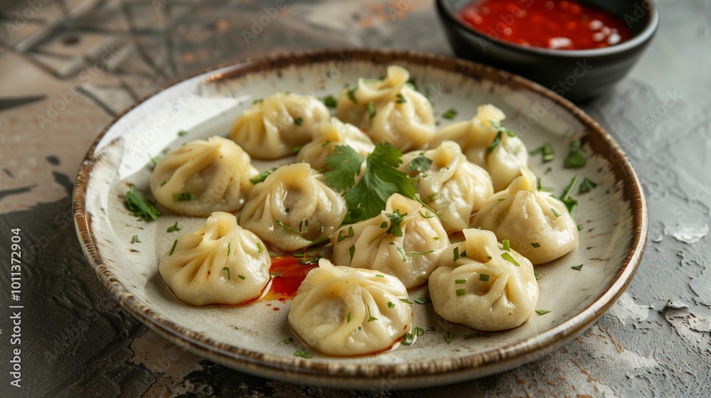 A dish with juicy and aromatic khinkali against the backdrop of warm lighting. Photography is ideal for topics related to national cuisine, restaurant business and food culture.