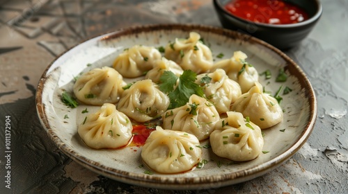 A dish with juicy and aromatic khinkali against the backdrop of warm lighting. Photography is ideal for topics related to national cuisine, restaurant business and food culture.