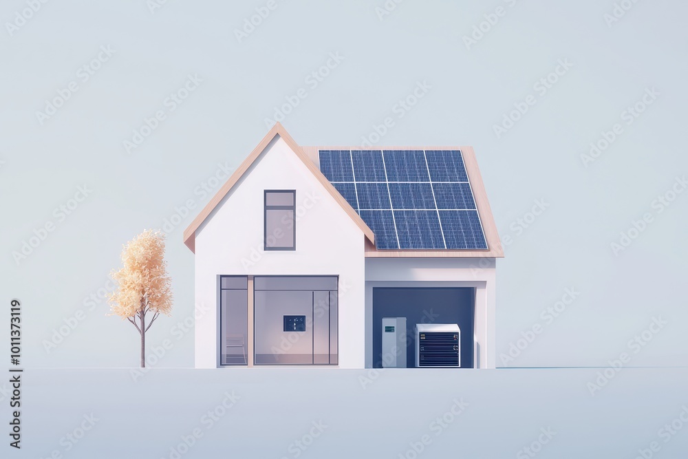 Minimalist illustration of a modern house equipped with solar panels and an energy storage system, representing eco-friendly living and sustainable energy solutions. Minimalist illustration of a modern house equipped with solar panels and an energy storage system, representing eco-friendly living and sustainable energy solutions.