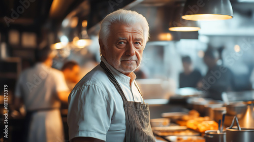 Professional elderly head chef wearing apron standing proudly in the center of a busy kitchen