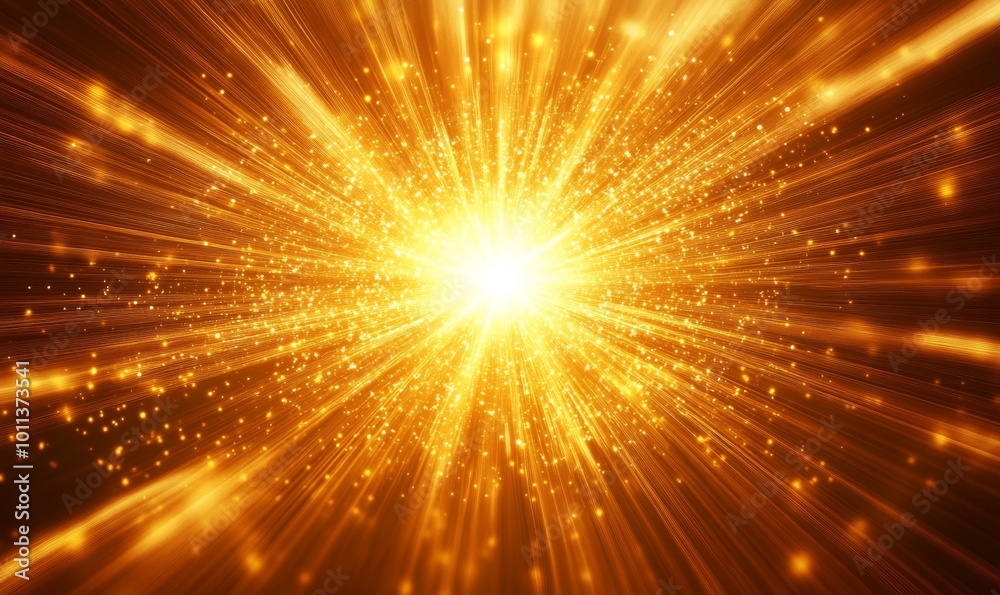 Golden Explosion of Light Radiating From the Center, Creating Vibrant Beams and Sparkling Particles
