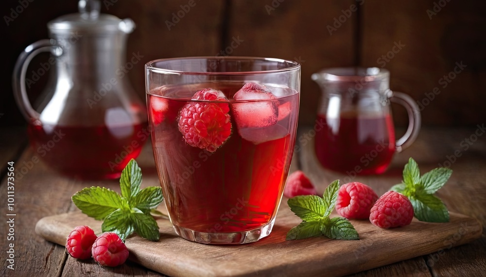 Refreshing raspberry mint tea in glass cups on wooden table 3 Refreshing raspberry mint tea in glass cups on wooden table 3