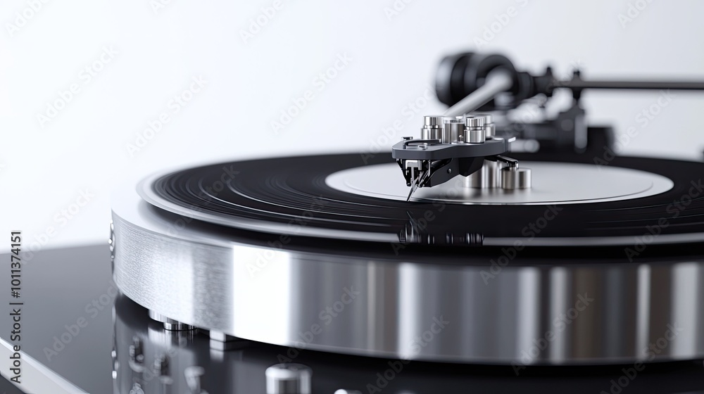 Close-up of a retro-inspired turntable, with the needle gently resting on a spinning record, set against a clean white backdrop, perfect for music enthusiasts. Close-up of a retro-inspired turntable, with the needle gently resting on a spinning record, set against a clean white backdrop, perfect for music enthusiasts.
