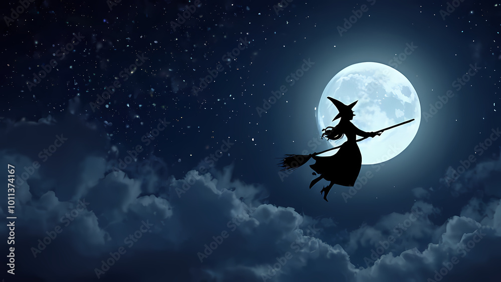 silhouette of a flying witch on a broomstick against a glowing moonlit background silhouette of a flying witch on a broomstick against a glowing moonlit background