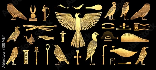 Ancient Egyptian Hieroglyphics Featuring Birds and Symbols in a Striking Golden Design