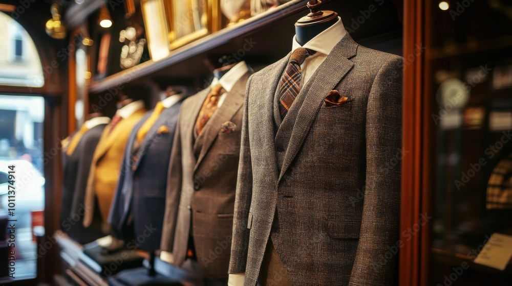 Artistic shot of bespoke tailored suits on display in a vintage men's clothing shop, highlighting the fine fabric and craftsmanship. Artistic shot of bespoke tailored suits on display in a vintage men's clothing shop, highlighting the fine fabric and craftsmanship.