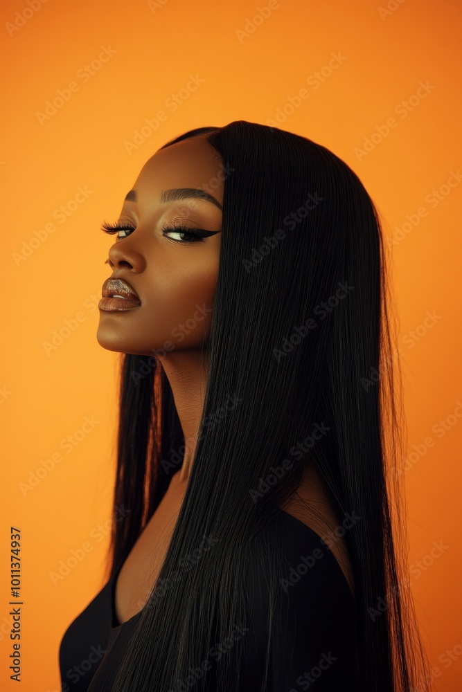 Portrait of an African American woman with long, straight hair, wearing a sleek black witch costume, copy space, in an eerie orange studio background, Halloween theme, spooky elegance, soft lighting Portrait of an African American woman with long, straight hair, wearing a sleek black witch costume, copy space, in an eerie orange studio background, Halloween theme, spooky elegance, soft lighting