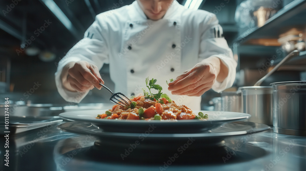 A professional chef carefully plating a gourmet dish in a high-end restaurant kitchen A professional chef carefully plating a gourmet dish in a high-end restaurant kitchen