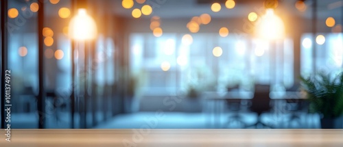 Brightly Lit Modern Office Interior With Blurred Background and Wooden Tabletop During Evening Hours