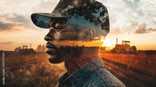 Double exposure image of a Black male wearing a farmer's hat with fields and tractors in the background.