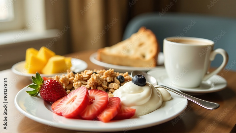 An elegant breakfast setting with a delicious spread of granola, yogurt, and fresh fruits, beautifully arranged on a table with soft morning light. An elegant breakfast setting with a delicious spread of granola, yogurt, and fresh fruits, beautifully arranged on a table with soft morning light.