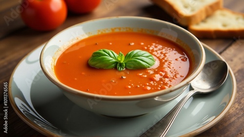 A warm bowl of creamy tomato soup garnished with fresh basil, served with crusty bread on a rustic wooden table, creating a cozy and inviting atmosphere.