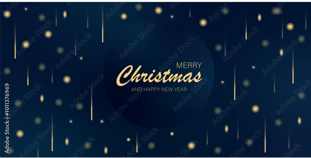 Naklejka premium Blue and gold christmas banner with stars and balloons. Merry Christmas and Happy New Year greeting banner. Horizontal new year background, headers, posters, cards, website.V ector illustration