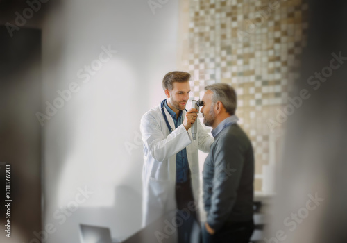 A doctor examines a patient's eyes with a medical device.