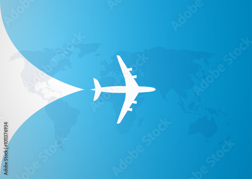 An Airplane Silhouette Opens Up the Translucent Cover Background Over the Map of the World. Banner for Trip to Abroad or Vacations, Discovering Travel Around the World Concept