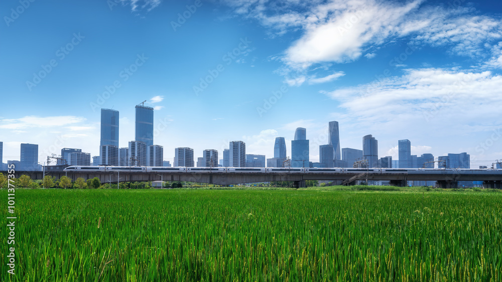 Vibrant Urban Skyline Framed by Lush Green Fields Vibrant Urban Skyline Framed by Lush Green Fields