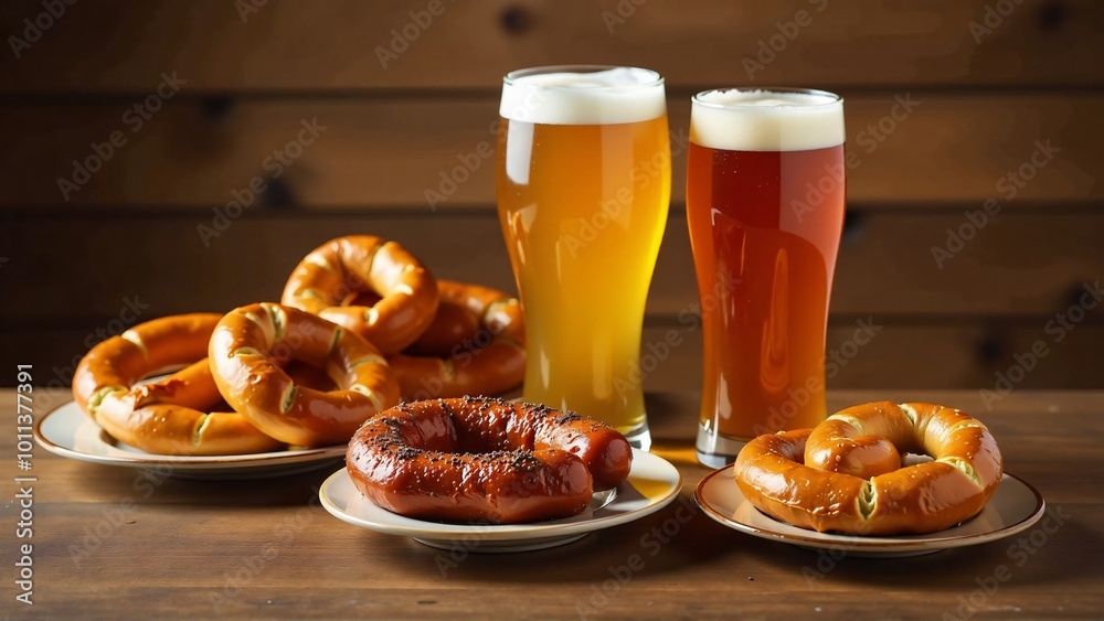A stylish presentation of craft beer served with gourmet snacks like pretzels and sausages, set against a rustic wooden backdrop for a cozy feel. A stylish presentation of craft beer served with gourmet snacks like pretzels and sausages, set against a rustic wooden backdrop for a cozy feel.