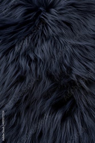 Close-up of Navy Blue Sheepskin Rug, Soft Dense Wool Texture, Luxurious Home Decor Background.