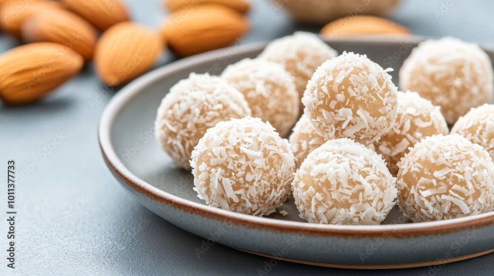 Coconut Almond Energy Balls Arranged on a Simple Plate With Almonds in the Background Coconut Almond Energy Balls Arranged on a Simple Plate With Almonds in the Background