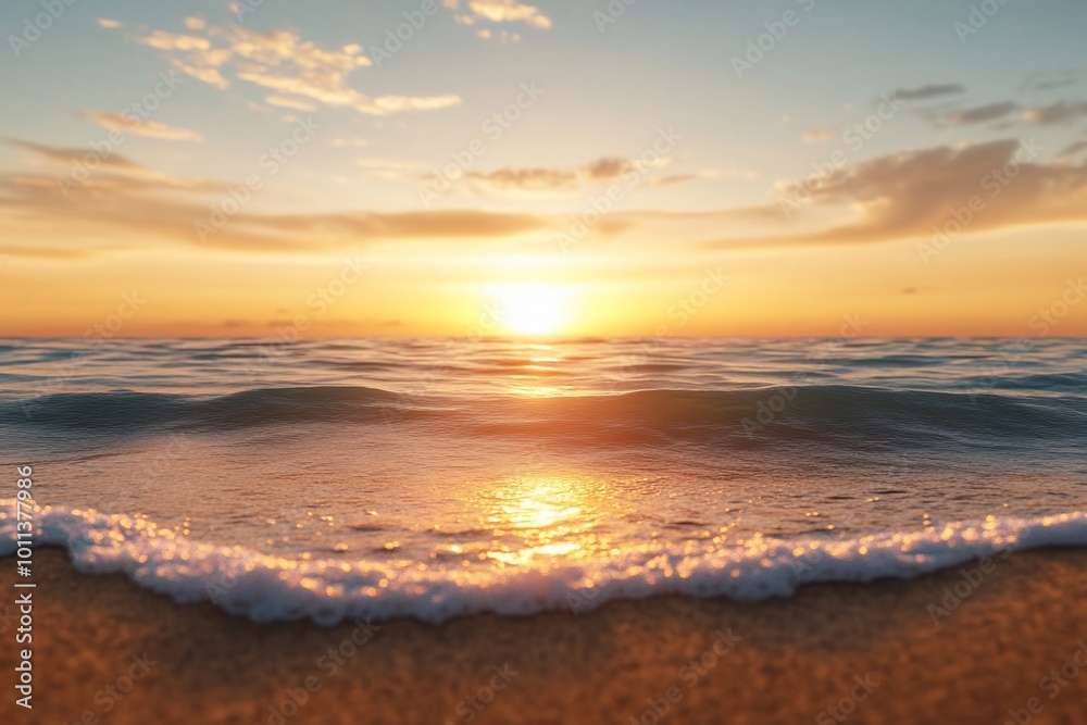 Serene sunset over gentle ocean waves on a sandy beach. Serene sunset over gentle ocean waves on a sandy beach.