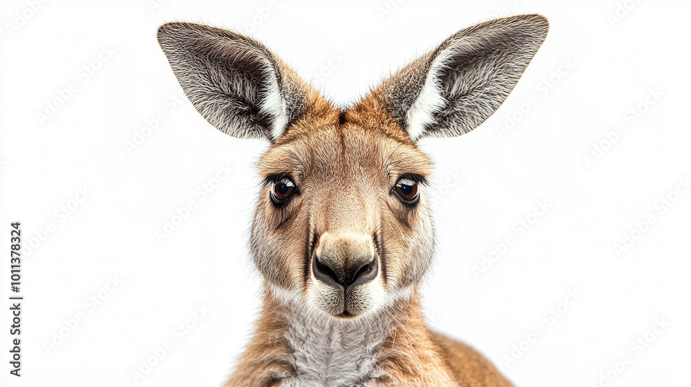 A Close-Up of a Kangaroo With Prominent Ears and Curious Expression Against a White Background A Close-Up of a Kangaroo With Prominent Ears and Curious Expression Against a White Background