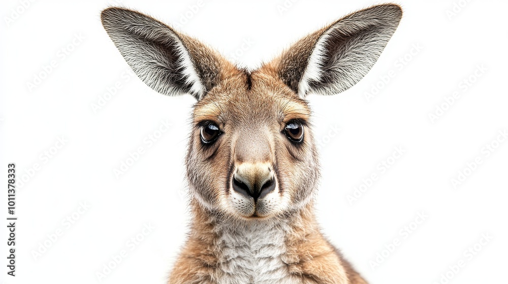 Close-up View of a Kangaroo Looking Curiously at the Camera Against a Plain White Background Close-up View of a Kangaroo Looking Curiously at the Camera Against a Plain White Background
