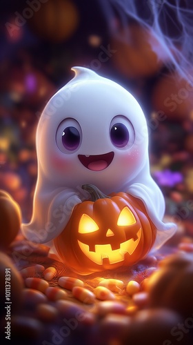 A cute cartoon ghost holding a jack-o-lantern on a bed of candy corn.