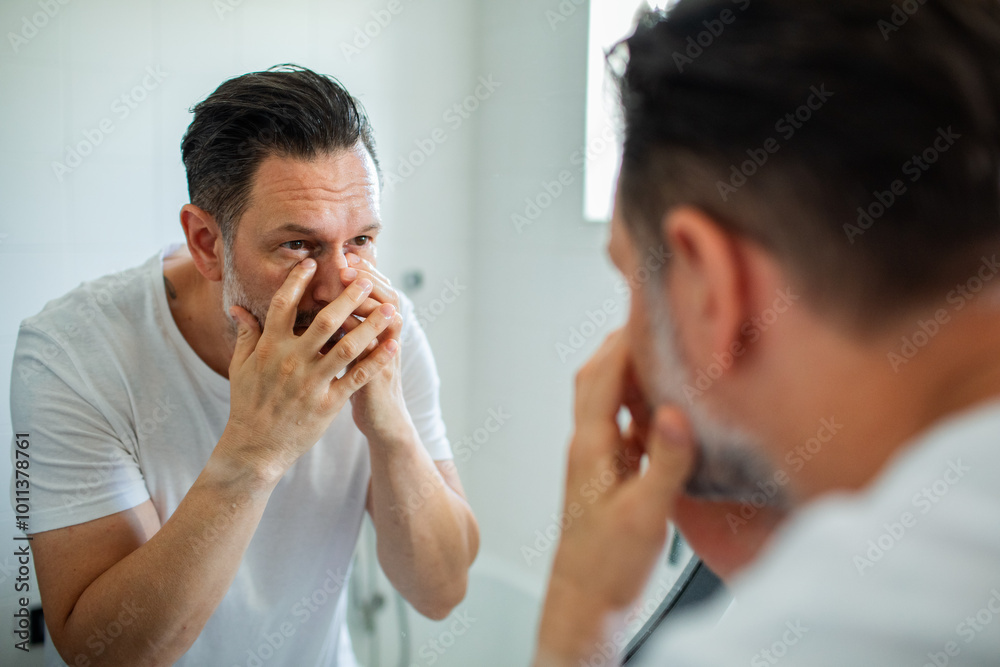 Man applying skincare in bathroom mirror morning routine self care Man applying skincare in bathroom mirror morning routine self care