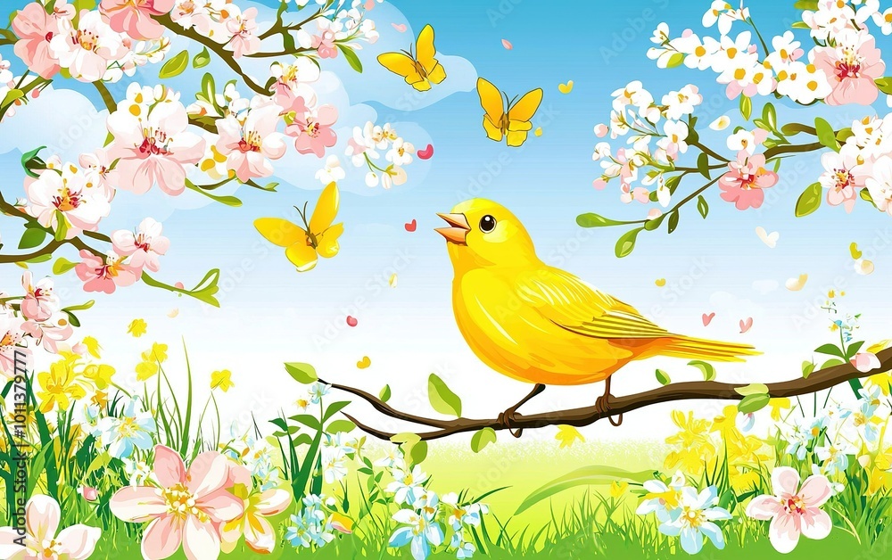 A vibrant yellow bird sings amidst blooming flowers and fluttering butterflies on a sunny spring day A vibrant yellow bird sings amidst blooming flowers and fluttering butterflies on a sunny spring day