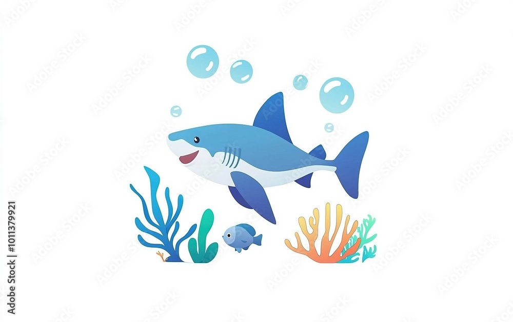 Obraz premium A cheerful cartoon shark swims among colorful corals and playful fish in a vibrant underwater world