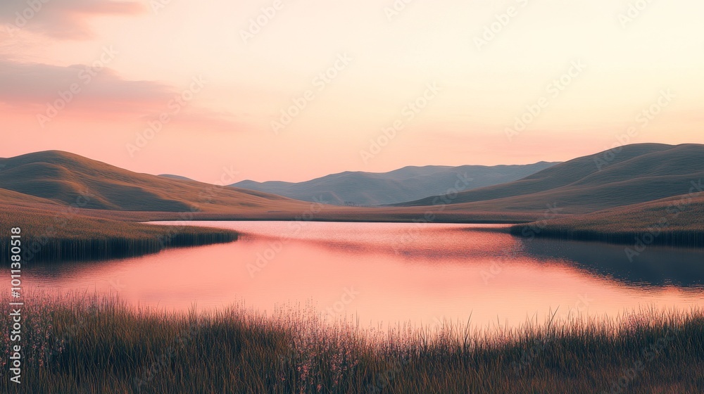 Fototapeta premium Serene Twilight Over a Tranquil Lake Surrounded by Rolling Hills and Soft Grasses