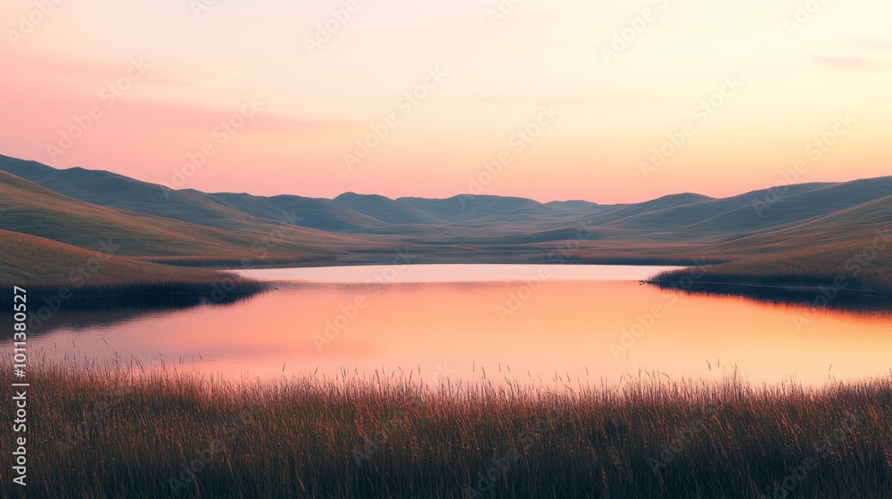 Sunset Over a Tranquil Lake Surrounded by Rolling Hills and Tall Grass Fields Sunset Over a Tranquil Lake Surrounded by Rolling Hills and Tall Grass Fields