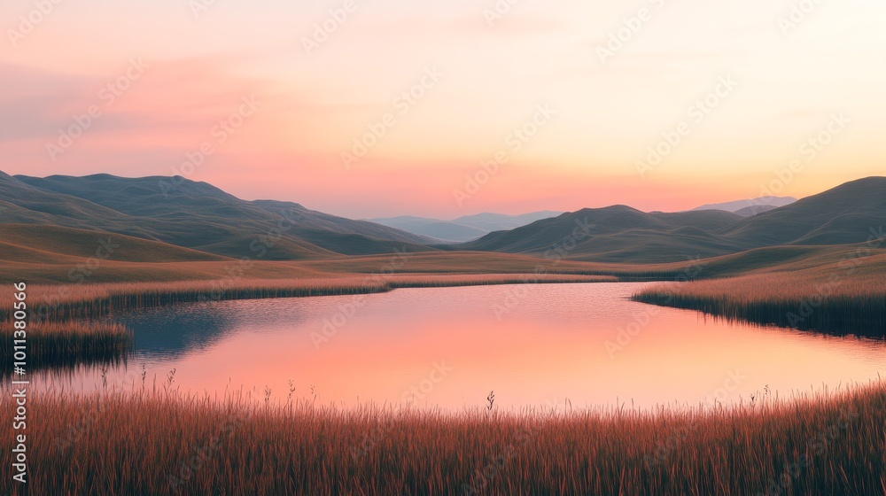 Tranquil Sunset Over a Serene Lake Surrounded by Rolling Hills and Tall Grass in a Peaceful Landscape Tranquil Sunset Over a Serene Lake Surrounded by Rolling Hills and Tall Grass in a Peaceful Landscape