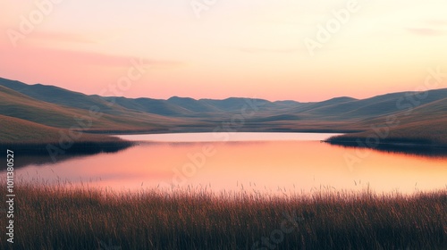 Sunset Over a Tranquil Lake Surrounded by Rolling Hills and Tall Grass Fields