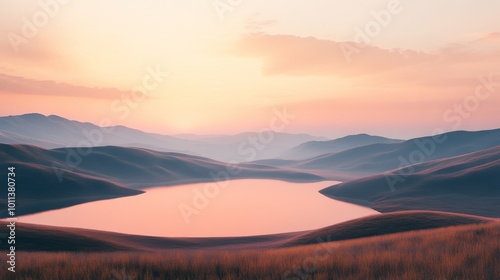 Serene Landscape at Sunrise Over a Tranquil Lake Surrounded by Rolling Hills