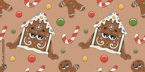 Cartoon Christmas seamless pattern in trendy hippie groovy style. Gingerbread house and candies. Background for cafe, coffee shop or bakery.
