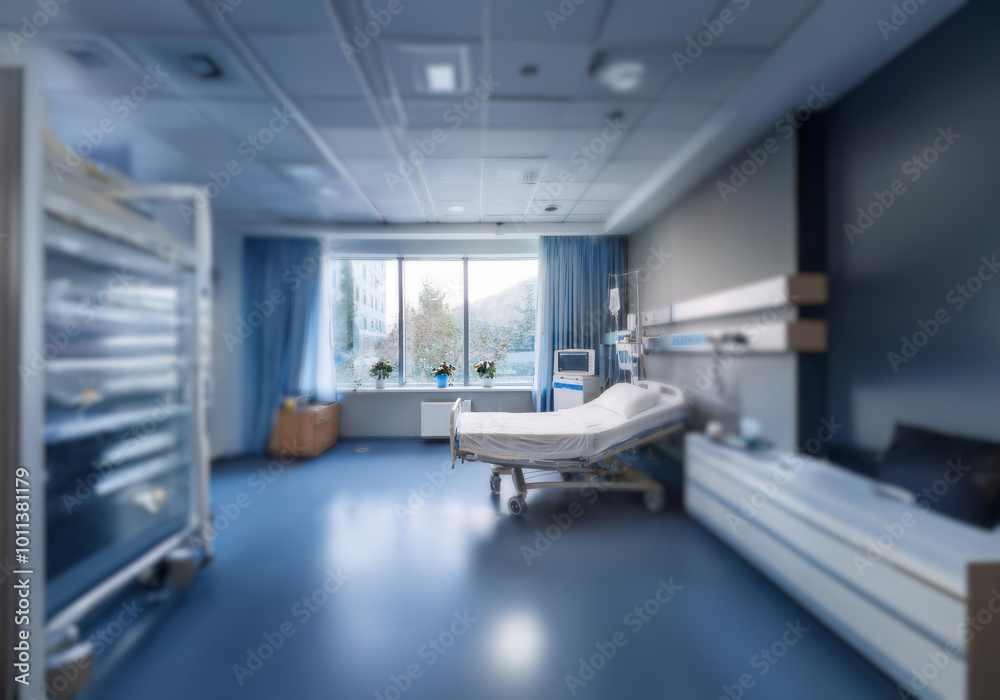 Empty hospital room with a bed and a window overlooking trees. Empty hospital room with a bed and a window overlooking trees.