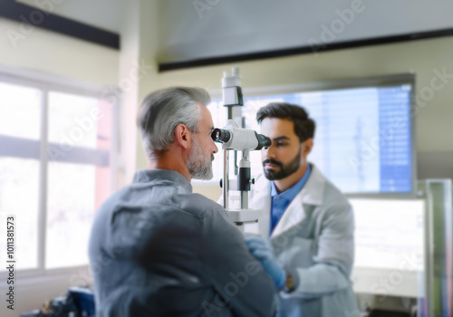 A man looks through an ophthalmoscope as a doctor examines his eye.