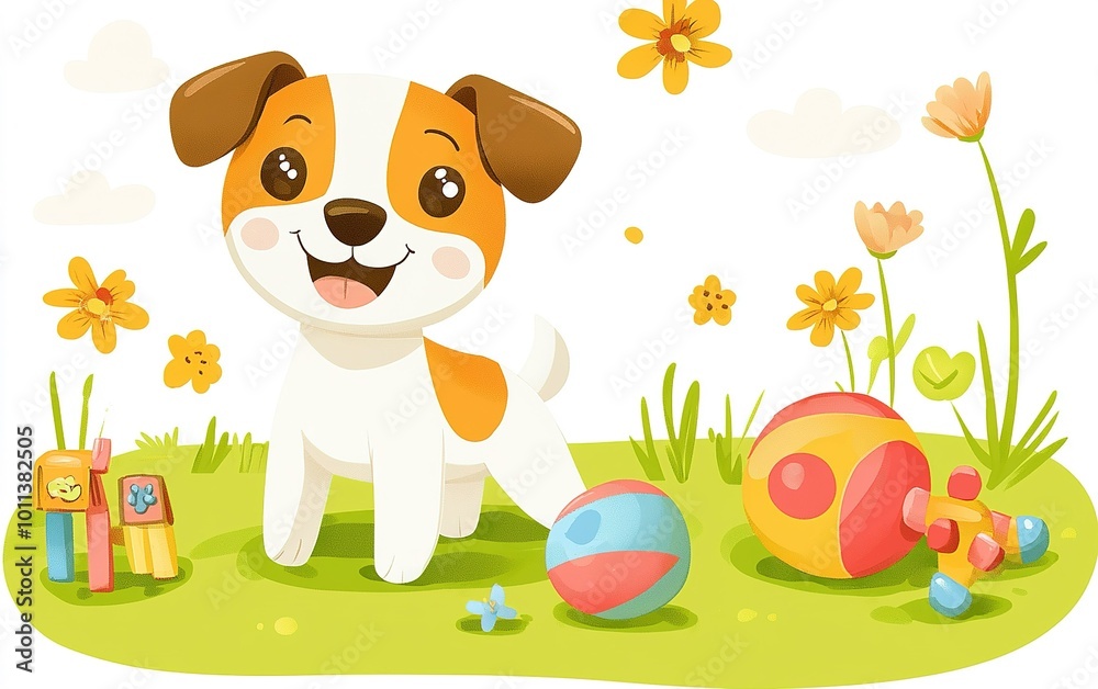 A cheerful puppy playing in a vibrant garden filled with colorful flowers and delightful toys on a sunny day A cheerful puppy playing in a vibrant garden filled with colorful flowers and delightful toys on a sunny day